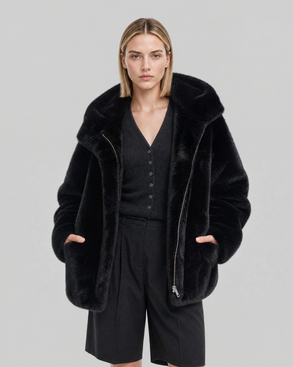Black faux fur coat with a hood