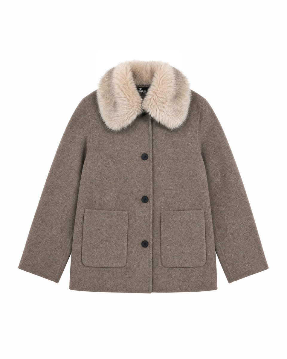 Blended wool coat with a beige faux fur collar