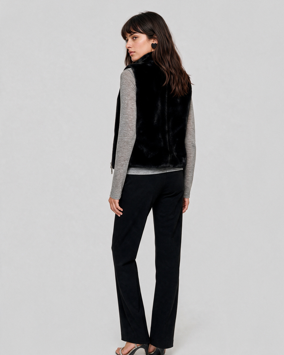 Black faux fur sleeveless jacket