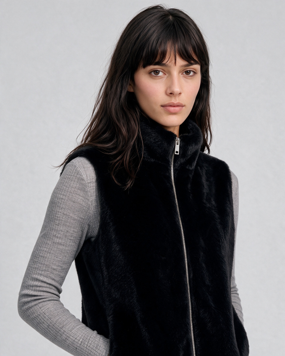 Black faux fur sleeveless jacket