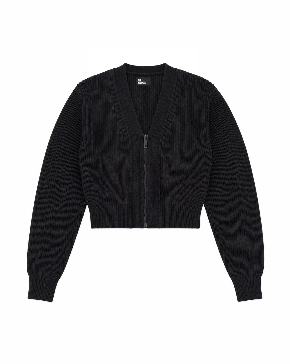 Short, zippered merino wool cardigan in gray