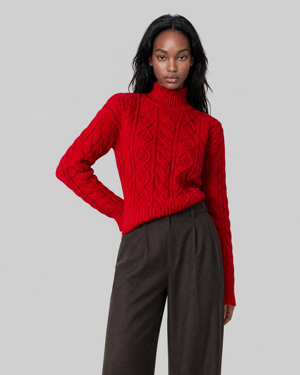 Red Merino Wool Cable-Knit Sweater