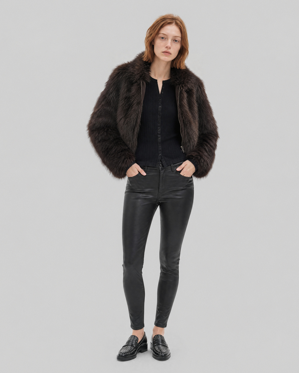 Brown faux fur coat with a zipper