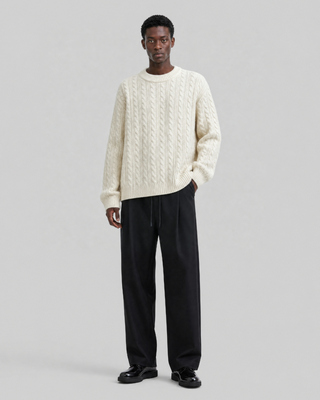 Ecru Wool Cable-Knit Crew Neck Sweater