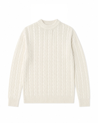 Ecru Wool Cable-Knit Crew Neck Sweater