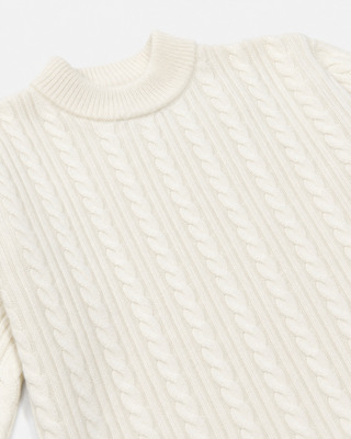 Ecru Wool Cable-Knit Crew Neck Sweater