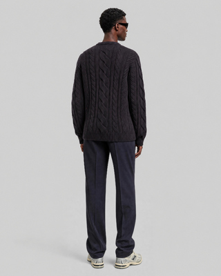Navy Wool Cable-Knit Crew-Neck Sweater