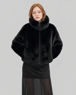 Black faux fur coat with a high collar