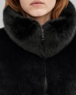 Black faux fur coat with a high collar