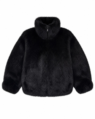 Black faux fur coat with a high collar