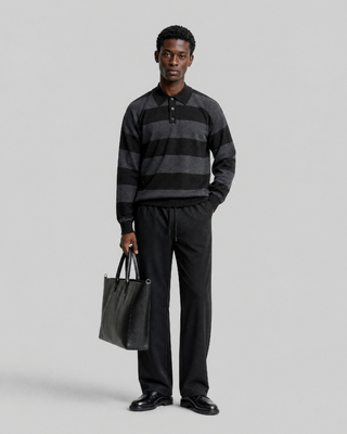 Gray Striped Wool Polo-Neck Sweater