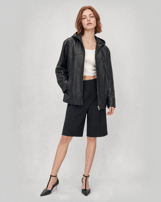 Black hooded leather jacket