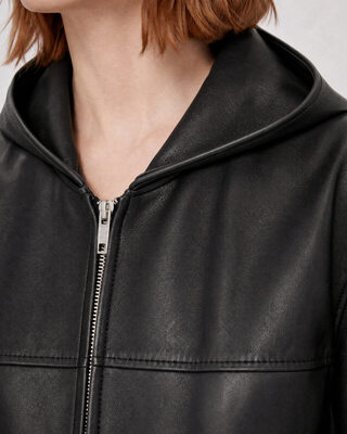 Black hooded leather jacket