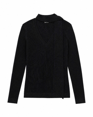 Gray Merino Wool Sweater with a Lavalli&egrave;re Collar