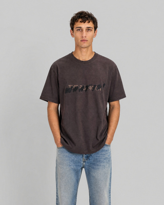 What is brown denim patch t-shirt
