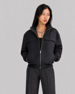 Black wool-blend zip-up jacket