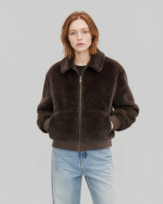 Brown faux fur coat with a zipper