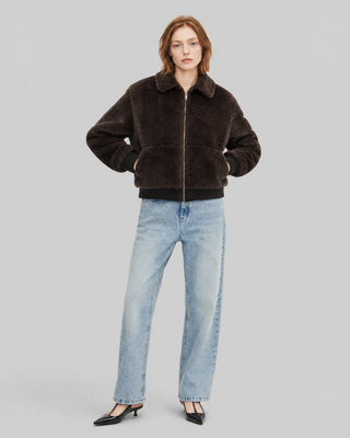 Brown faux fur coat with a zipper