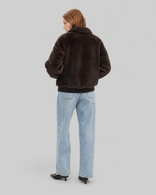 Brown faux fur coat with a zipper
