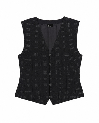 Black Rhinestone-Embellished Wool-Blend Cardigan