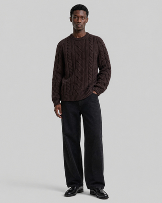Brown wool cable-knit crew-neck sweater