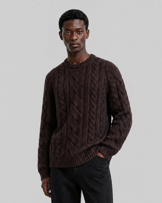 Brown wool cable-knit crew-neck sweater