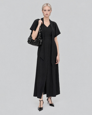 Brown satin maxi dress with a lavalli&egrave;re neckline