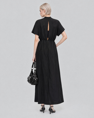 Brown satin maxi dress with a lavalli&egrave;re neckline