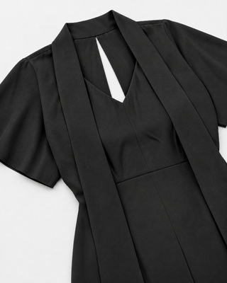 Brown satin maxi dress with a lavalli&egrave;re neckline