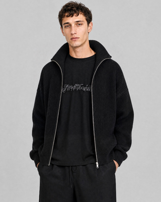 Black wool zip-up cardigan