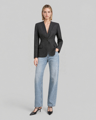 Fitted black wool-blend jacket with rhinestones