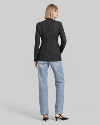Fitted black wool-blend jacket with rhinestones