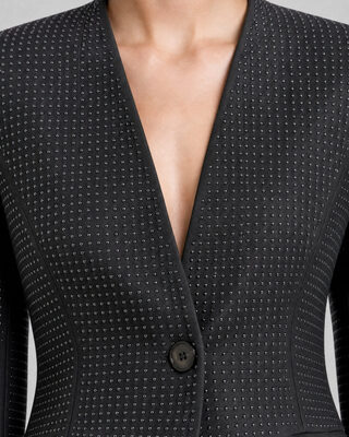 Fitted black wool-blend jacket with rhinestones