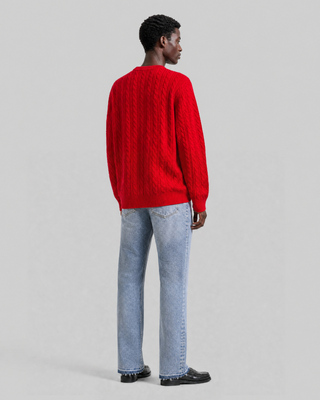 Red Wool Cable-Knit Crew-Neck Sweater