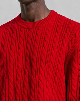 Red Wool Cable-Knit Crew-Neck Sweater