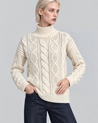 Ecru Merino Wool Cable-Knit Sweater