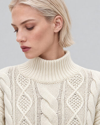 Ecru Merino Wool Cable-Knit Sweater