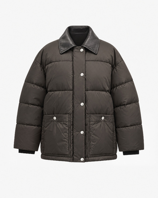 Oversized puffer jacket with brown leather collar