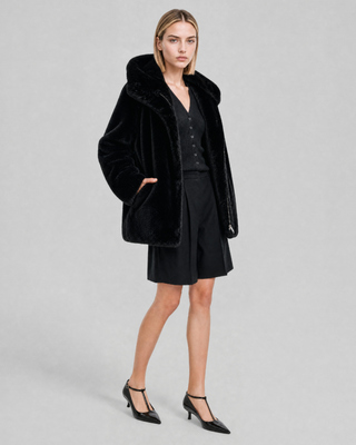 Black faux fur coat with a hood