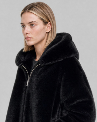 Black faux fur coat with a hood