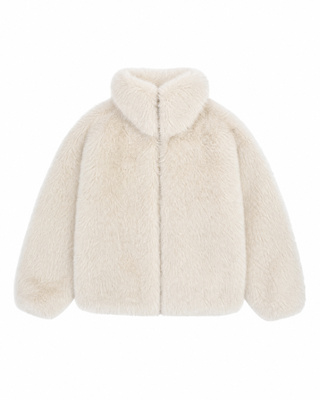 Ecru faux fur coat with a high collar