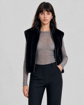 Black faux fur sleeveless jacket