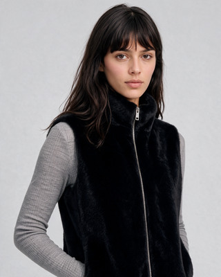 Black faux fur sleeveless jacket