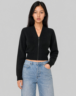 Short, zippered merino wool cardigan in gray