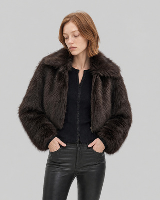 Brown faux fur coat with a zipper