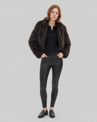 Brown faux fur coat with a zipper