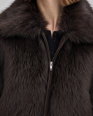 Brown faux fur coat with a zipper