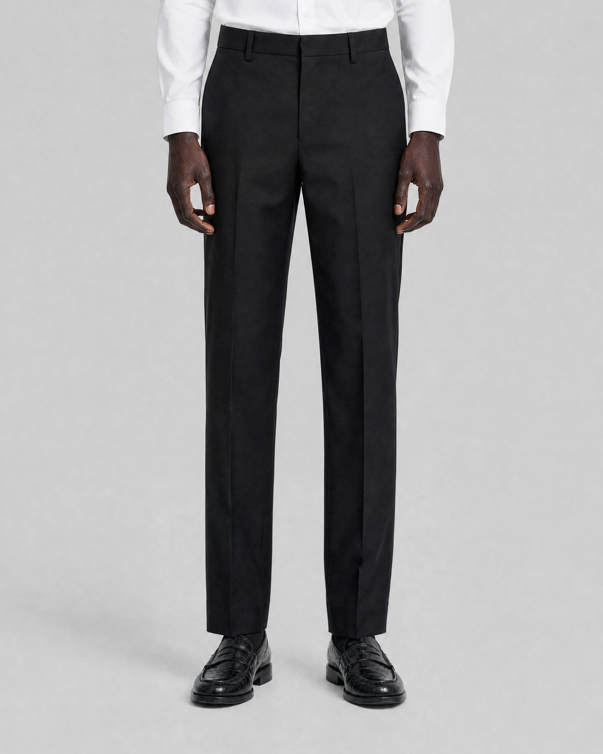 Black straight-leg wool suit pants