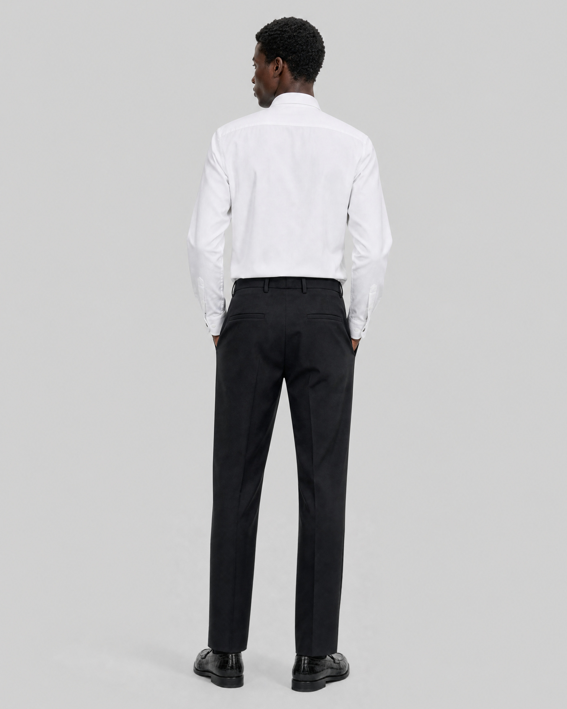 Black straight-leg wool suit pants