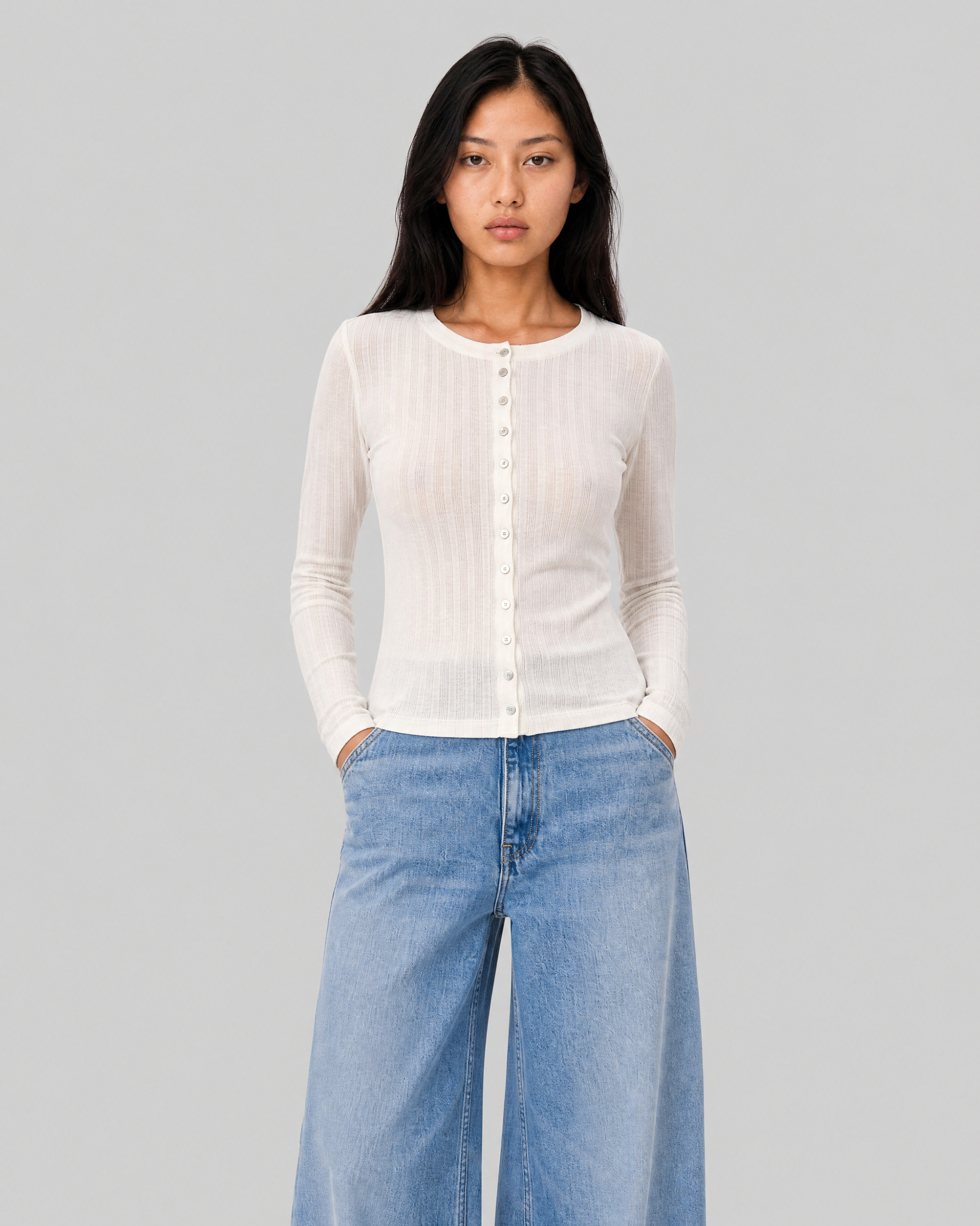 Ecru cotton long-sleeve top